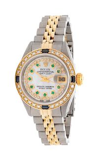 A Stainless Steel, Yellow Gold, Diamond, Emerald and Sapphire Ref. 6917 'Oyster Perpetual Datejust' Wristwatch, Rolex, 34.70 dwt