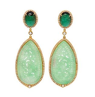 * A Pair of 18 Karat Yellow Gold, Green Tourmaline, Diamond and Jadeite Pendant Earrings, 15.40 dwts.
