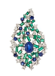 A Platinum, Sapphire, Emerald and Diamond Brooch, 12.30 dwts.