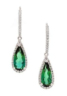 A Pair of 18 Karat White Gold, Green Tourmaline and Diamond Earrings, 3.00 dwts.