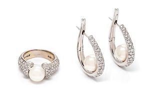 A Collection of 18 Karat White Gold, Cultured Pearl and Diamond Jewelry, 16.80 dwts.