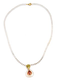 A Yellow Gold, Tourmaline, Diamond and Quartz Bead Pendant/Necklace, 15.50 dwts.