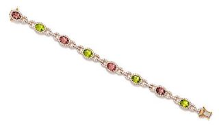 A 14 Karat Yellow Gold, Pink Topaz, Peridot and Diamond Bracelet, 10.00 dwts.