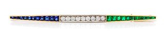 A Platinum Topped Yellow Gold, Diamond, Emerald and Sapphire Bar Brooch, 4.40 dwts.