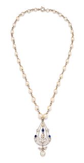 An Edwardian Platinum, Diamond and Sapphire Pendant and White Gold and Cultured Pearl Necklace, 10.80 dwts.