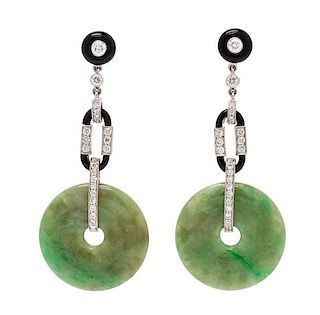 A Pair of 18 Karat White Gold, Diamond, Onyx and Jade Earrings, 7.00 dwts.