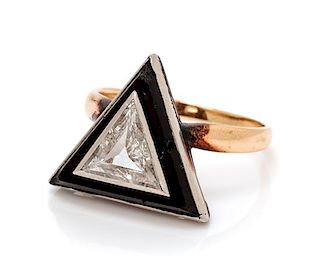 An Art Deco Platinum, Rose Gold, Diamond and Onyx Ring, 3.30 dwts.