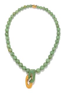 * An 18 Karat Yellow Gold, Jade and Diamond Pendant/Brooch and Bead Necklace, 93.75 dwts.