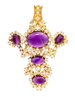 * A Yellow Gold, Amethyst and Diamond Cross Pendant/Brooch, 15.55 dwts.