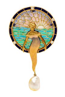 * An 18 Karat Yellow Gold, Plique-a-Jour, Diamond and Cultured Baroque Pearl 'Moon Goddess' Pendant/Brooch, Nouveau 1910, 16.65