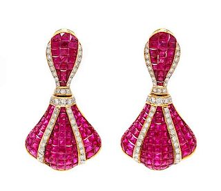 * A Pair of 18 Karat Yellow Gold, Ruby and Diamond Earclips, 15.95 dwts.