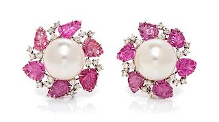 * A Pair of 18 Karat White Gold, Cultured South Sea Pearl, Pink Sapphire and Diamond Earclips, 13.10 dwts.