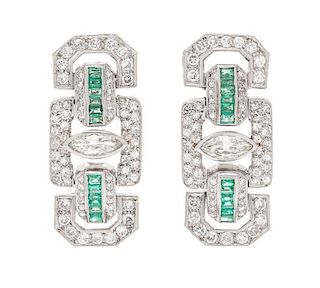 * A Pair of Platinum, Emerald and Diamond Earclips, 15.60 dwts.