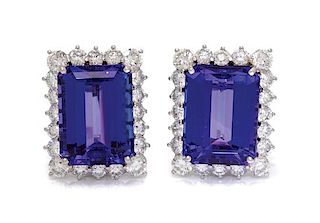 * A Pair of Platinum, Tanzanite and Diamond Earclips, 17.40 dwts.