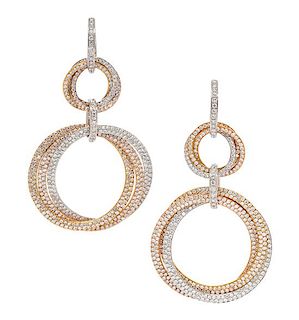 * A Pair of 18 Karat Tricolor Gold and Diamond Pendant Earrings, 19.80 dwts.