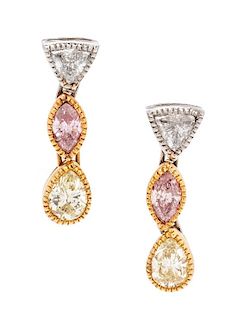 A Pair of Bicolor Gold, Platinum, Diamond and Colored Diamond Earrings, 3.00 dwts.