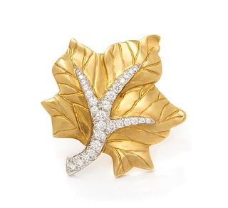 A Pair of 18 Karat Yellow Gold, Platinum and Diamond Leaf Brooches, Marlene Stowe, 20.50 dwts.