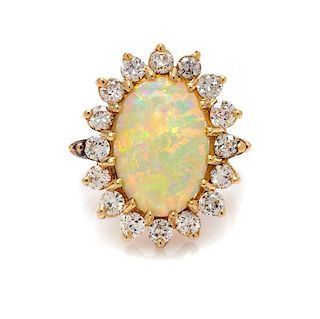 A Yellow Gold, Opal and Diamond Ring, 5.60 dwts.