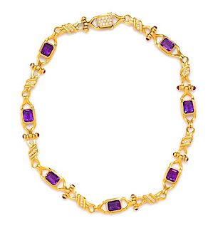 An 18 Karat Yellow Gold, Amethyst, Ruby and Diamond Necklace, Susan Berman, 35.00 dwts.