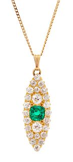 A Yellow Gold, Emerald and Diamond Pendant/Necklace, 2.90 dwts.