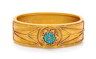 A 14 Karat Yellow Gold, Turquoise and Diamond Bangle Bracelet, 30.00 dwts.