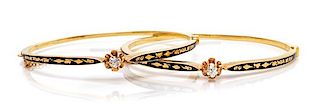 A Pair of Victorian Yellow Gold, Diamond and Enamel Bangle Bracelets, 17.00 dwts.