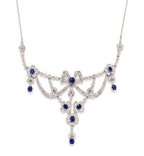 A White Gold, Diamond and Sapphire Garland Necklace, 15.00 dwts.