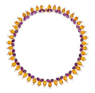 An 18 Karat Yellow Gold, Citrine, Amethyst, and Diamond Necklace, 51.00 dwts.