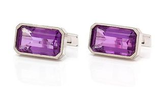 A Pair of Sterling Silver and Amethyst Cufflinks, Cartier, 9.60 dwts.