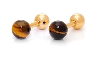 A Pair of 14 Karat Yellow Gold and Tiger's Eye Barbell Cufflinks, Tiffany & Co., 5.00 dwts.