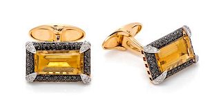 A Pair of 18 Karat Yellow Gold, Citrine, Diamond and Black Diamond Cufflinks, 8.00 dwts.