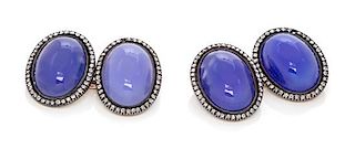 A Pair of Silver Topped Yellow Gold, Chalcedony and Diamond Cufflinks, 12.00 dwts.