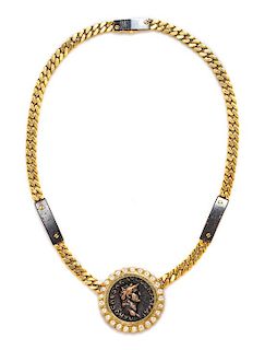 An 18 Karat Gold, Roman Coin, Diamond and Steel Necklace, 47.05 dwts.