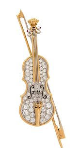 An 18 Karat Yellow Gold, Platinum, Diamond and Ruby Violin Brooch, Oscar Heyman & Brothers, Circa 1973, 10.50 dwts.