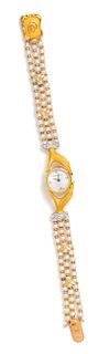 An 18 Karat Yellow Gold, Cultured Pearl and Diamond Wristwatch, Carrera y Carrera,