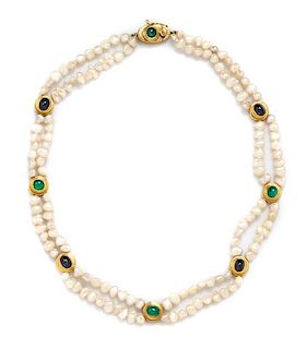 An 18 Karat Yellow Gold, Cultured Baroque Pearl, Emerald and Sapphire Necklace, Susan Berman, 38.00 dwts.