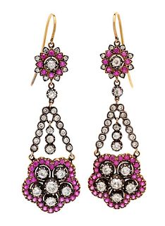 A Pair of Silver, Yellow Gold, Diamond and Pink Sapphire Earrings, 10.00 dwts.
