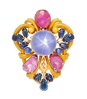 A 14 Karat Yellow Gold, Sapphire, Ruby and Stone Simulant Brooch, 21.50 dwts.