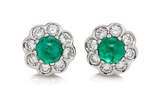 A Pair of Platinum, Emerald and Diamond Earclips, 8.00 dwts.
