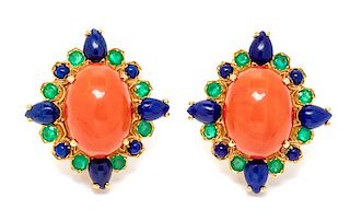 A Pair of 18 Karat Yellow Gold, Coral, Lapis Lazuli and Emerald Earclips, 17.00 dwts.