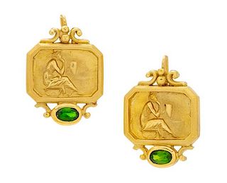 A Pair of 18 Karat Yellow Gold and Green Tourmaline 'Athena' Earrings, SeidenGang, 6.80 dwts.