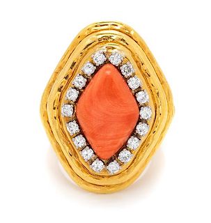An 18 Karat Yellow Gold, Coral and Diamond Ring, Charles Turi, 13.00 dwts.