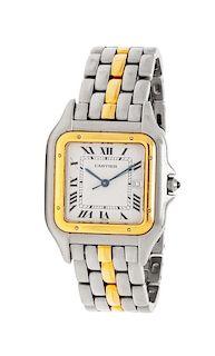A Stainless Steel and Yellow Gold 'Panthere' Wristwatch, Cartier, 50.30 dwts.