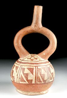 Moche Pottery Stirrup Vessel w/ Mace & Shield
