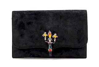 * A Rare Hermes Black Suede Feux d'Artifice 150 Year Anniversary Collection Clutch, 8 1/2 x 5 1/2 x 1 inches.