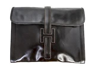 An Hermes Black Leather Jige GM Clutch, 13 x 10 x 1/2 inch.