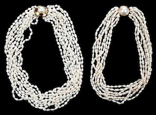 Two Gold Rice Pearl Necklaces