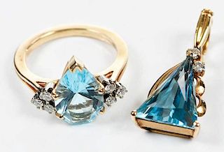 Two Pieces 14kt., Blue Topaz & Diamond Jewelry