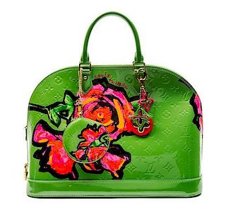 A Louis Vuitton Vert Tonic Vernis Roses Alma Bag, 15 x 10 1/2 x 7 1/2 inches.