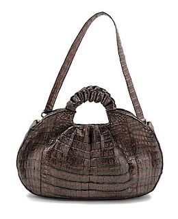 * A Nancy Gonzalez Metallic Pewter Convertible Crocodile Bag, 13 1/2 x 7 x 3 inches.